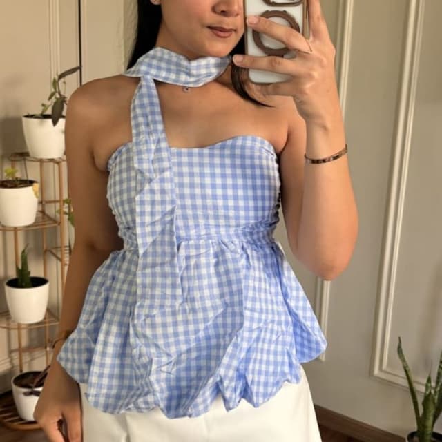 Blue and White gingham Peplum Top