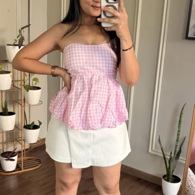 Pink and White Gingham, White Strapless Peplum Top and Skirt
