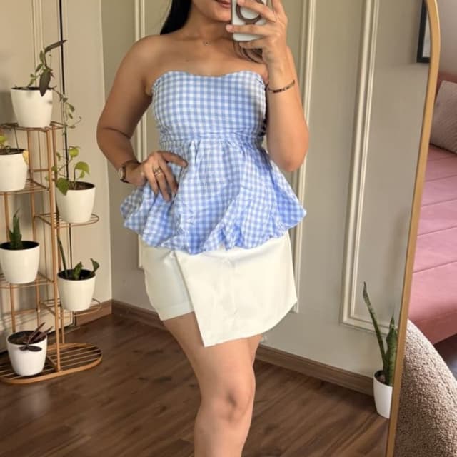 Blue and White Gingham, White Strapless Peplum Top and Skort