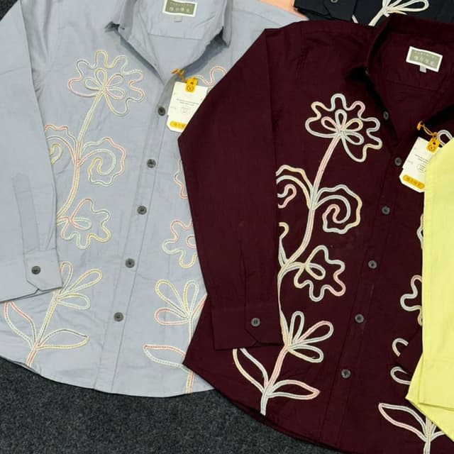 Light Blue, Maroon, Peach, Black Shirt