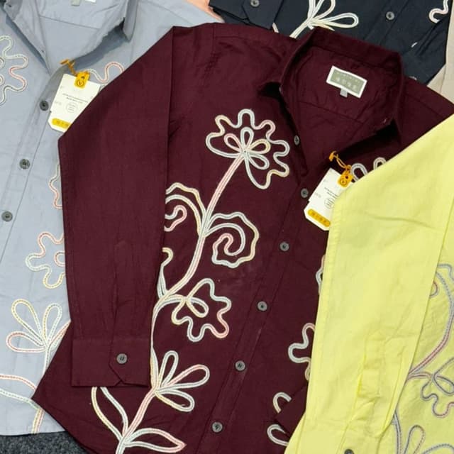 Maroon with white, yellow, and light pink floral embroidery Shirt