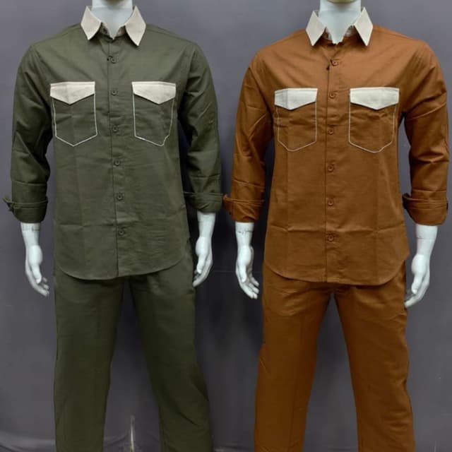Olive Green and Tan Brown with Cream accents Co-ord Set (Shirt and Trousers)