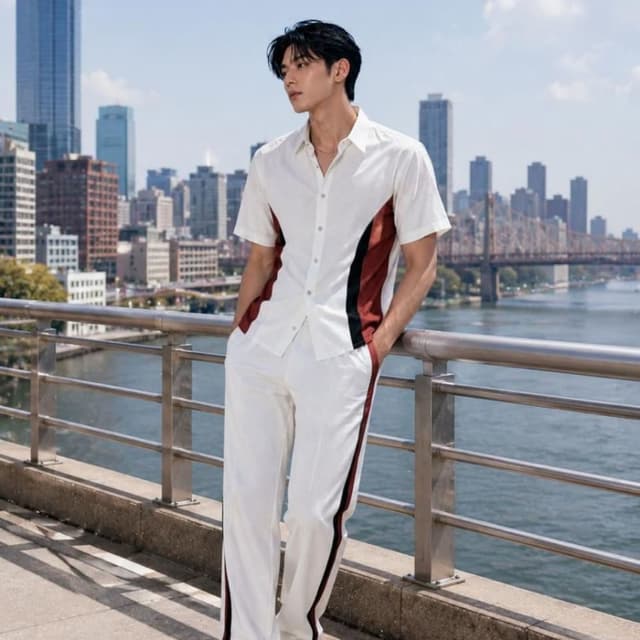 White with maroon and black accents Matching set (shirt and pants)