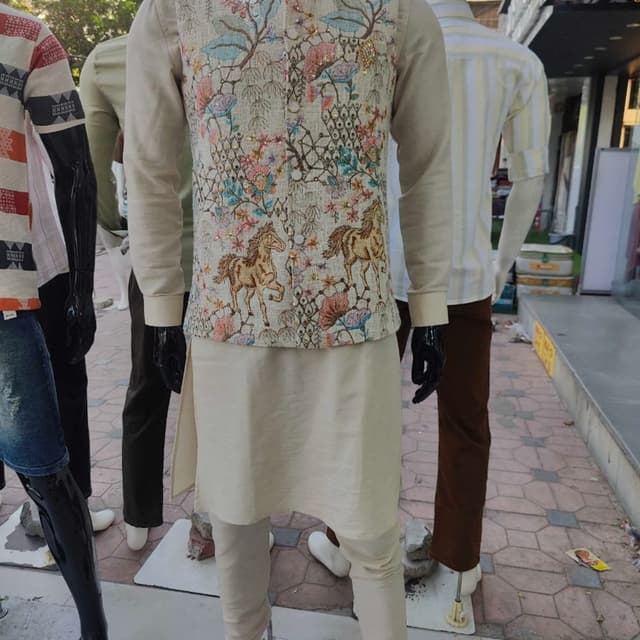 Cream, Beige, Multicolor floral print with gold and silver accents Kurta Set with Waistcoat