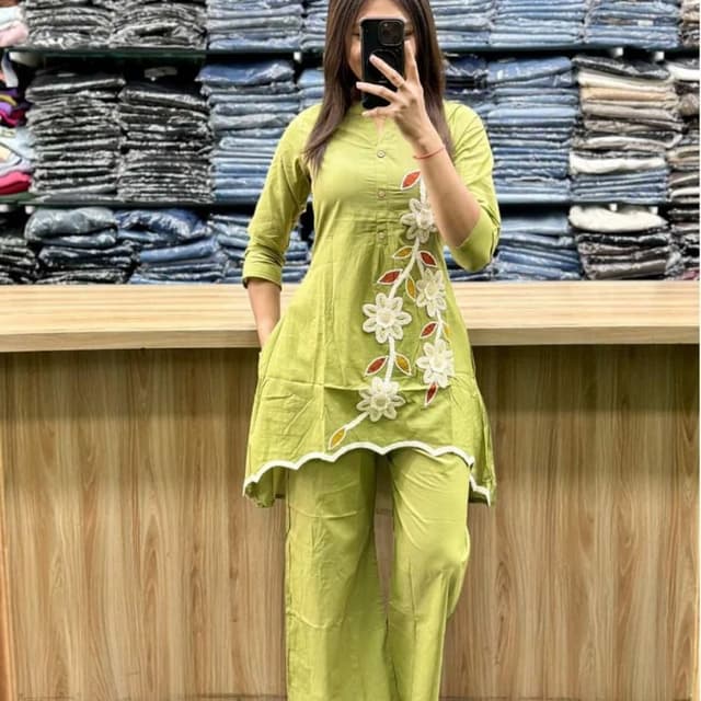 Lime Green with White, Red, and Yellow floral accents Kurta Set