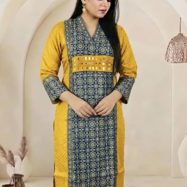 Yellow and Navy Blue Kurta