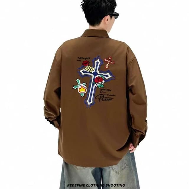 Brown, White, Blue, Red, Green Shirt