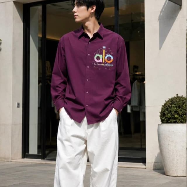 Deep Purple, White, Multicolor accents on logo Button-down Shirt