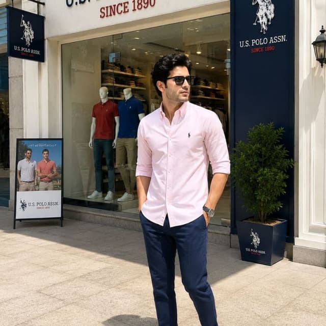Pink, Navy Blue, White Button-down Shirt, Trousers