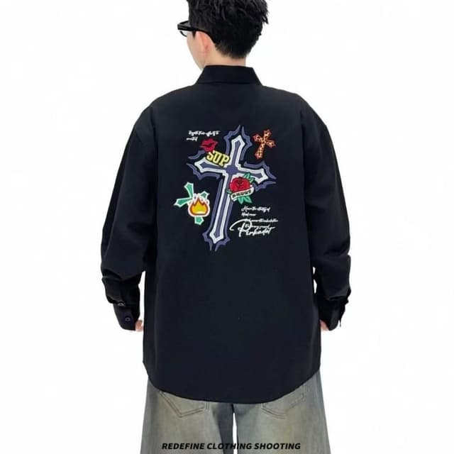 Black with multi-colored embroidery Shirt