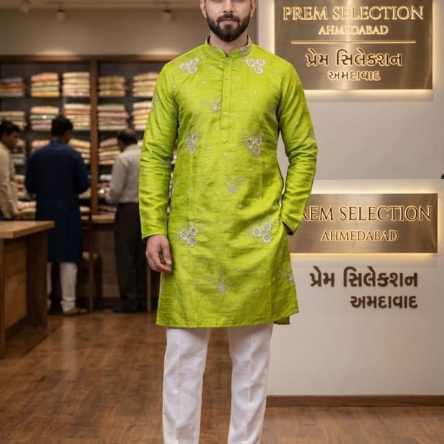 Lime Green, White, Silver Kurta Pajama