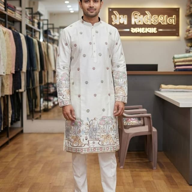 White with multicolored embroidery Kurta Pajama