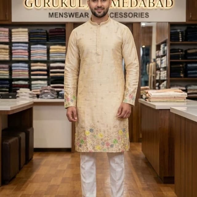 Beige with multicolor floral embroidery Kurta Pajama