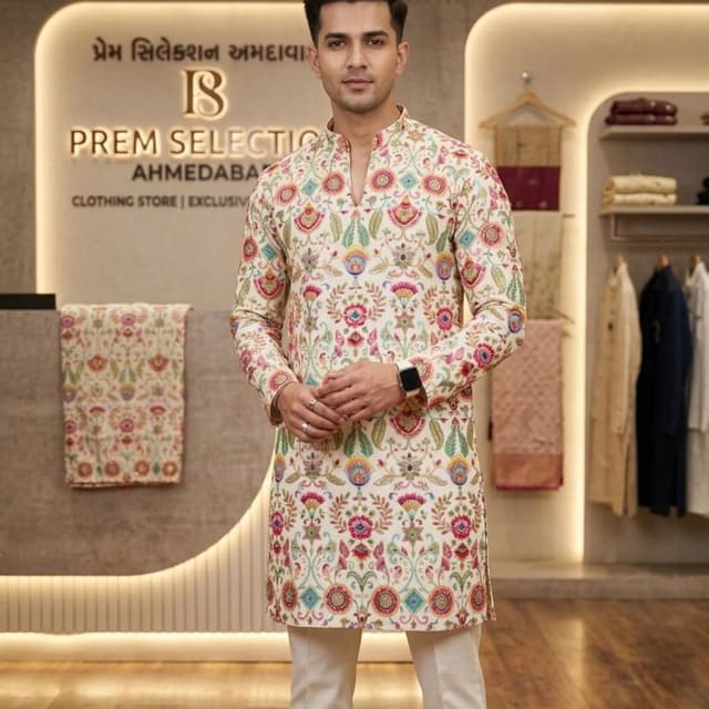 Off-white with multi-color embroidery Kurta