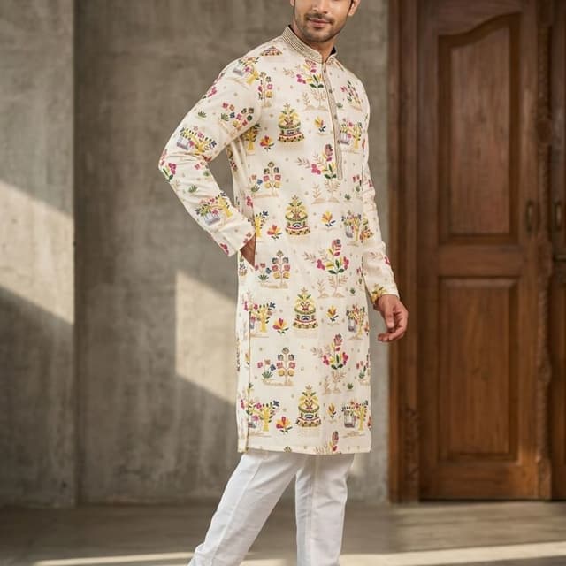 Off-white with multi-colored floral and architectural print Kurta Pajama