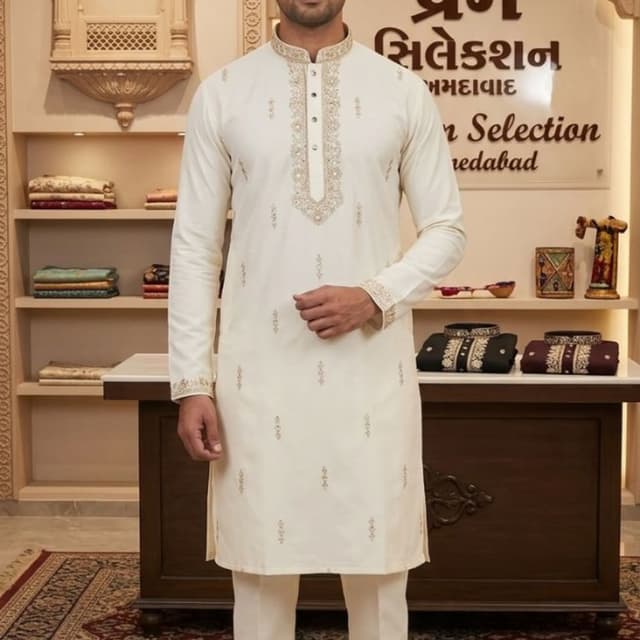 Off-white, Beige, Gold Kurta Pajama Set