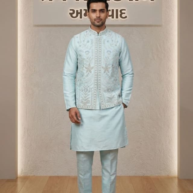 Sky Blue Kurta Set with Nehru Jacket