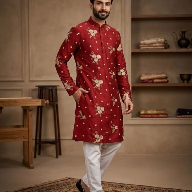 Red with gold embroidery and white bottoms Kurta