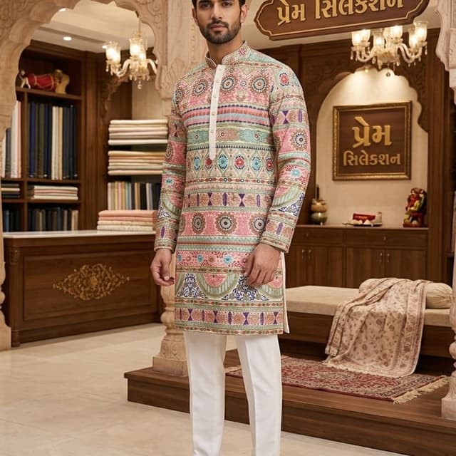 Pastel pink, mint green, light blue, purple, white, and brown accents Kurta Pajama Set