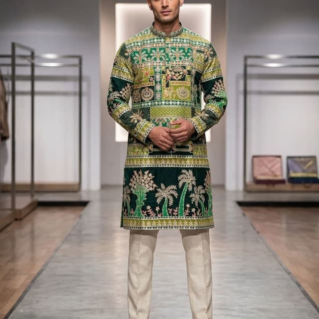 Green, cream, with black and gold accents Kurta