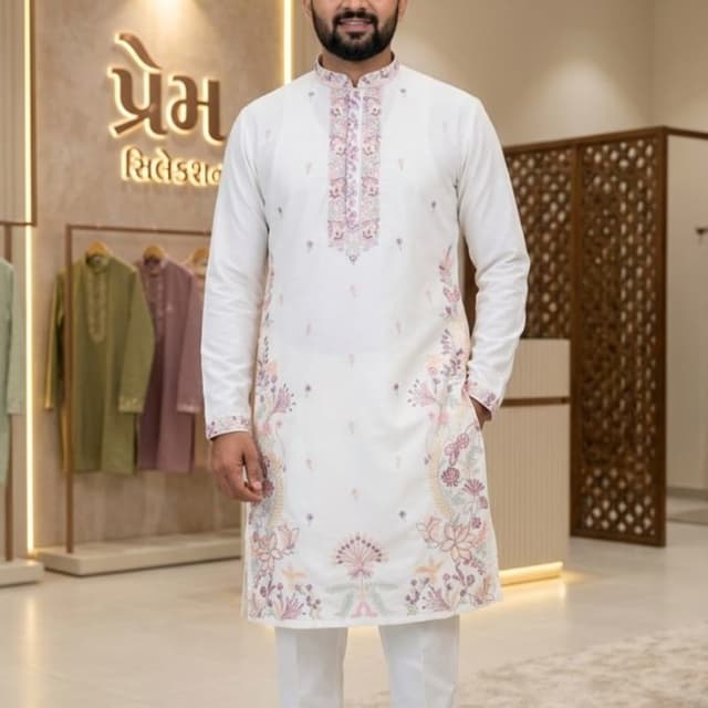 White with pastel embroidery (pink, purple, green, peach) Kurta and Pyjama Set