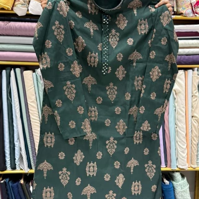 Dark Green with Beige/Gold Print Kurta