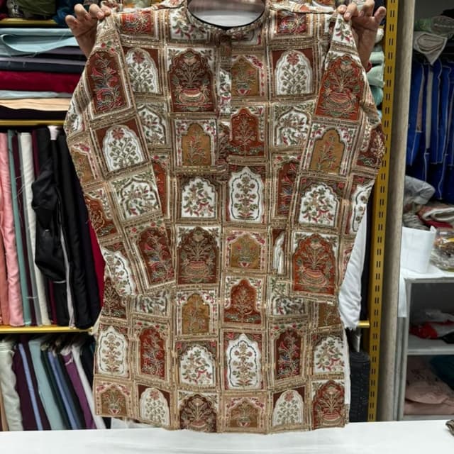 Brown, White, Red, Green, Gold Kurta