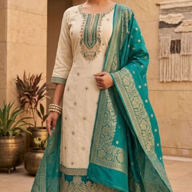 Cream, Teal, Gold Salwar Kameez