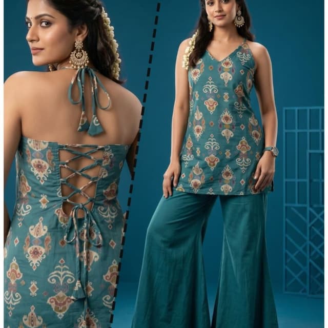 Teal, Beige, Burgundy, Brown, White Kurta and Palazzo Set