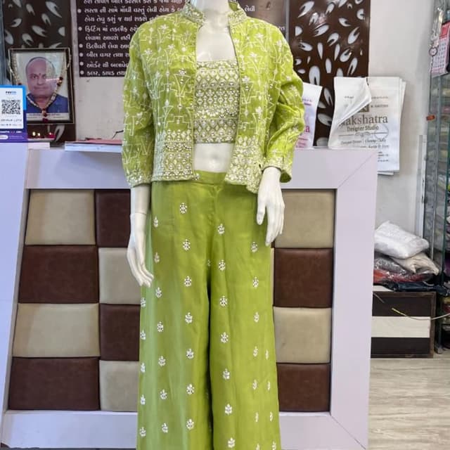 Lime Green with White Jacket, Crop Top, and Palazzo Pants Set