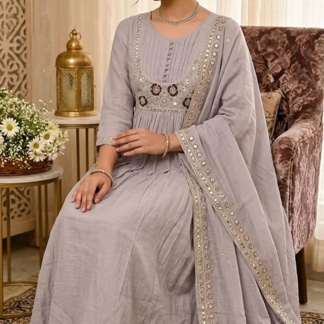 Grey with silver and maroon accents Anarkali Suit Set