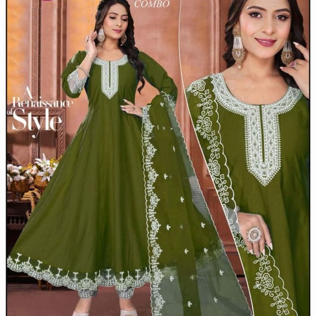 Olive Green, White Anarkali Suit