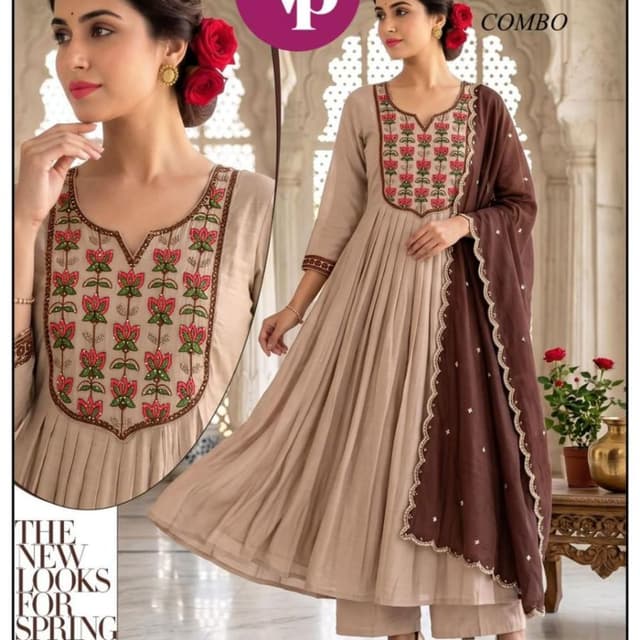 Beige, Brown, Red, Green Anarkali Suit