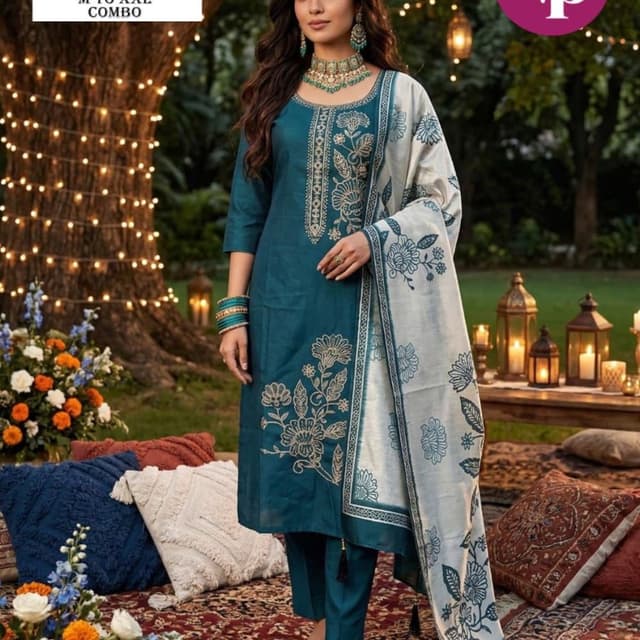 Teal and Cream with White Floral Print Kurta Set
