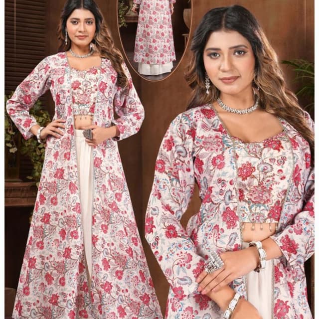 White with pink and blue floral print Crop top, long jacket, and palazzo pants set