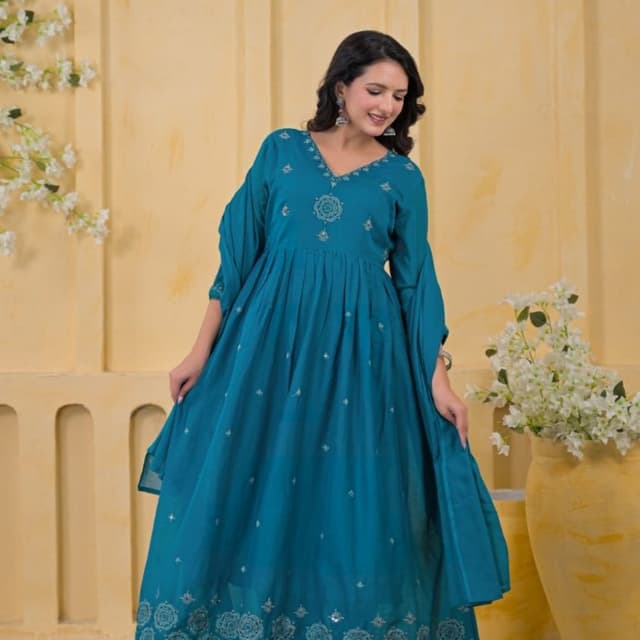Teal blue with silver embellishments Anarkali Dress