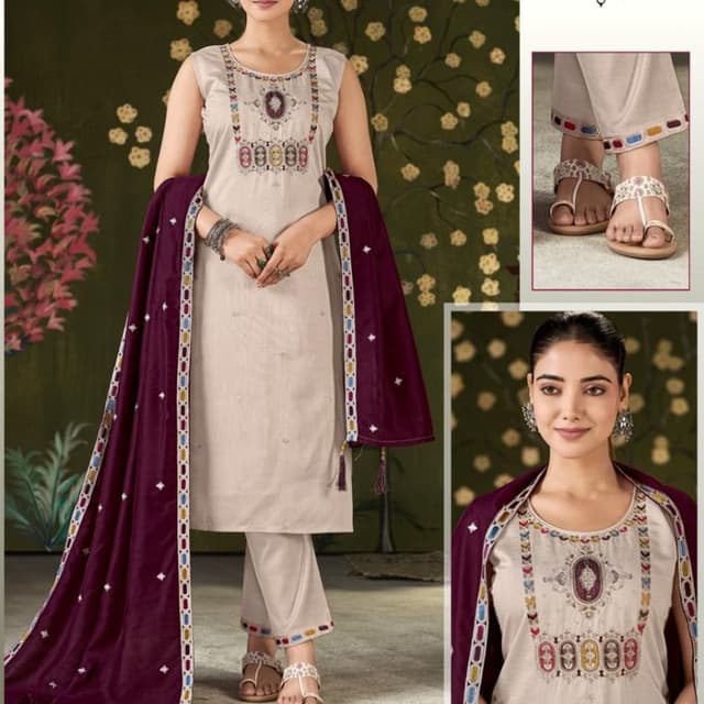 Beige, Plum, Multicolor Kurta Set with Dupatta