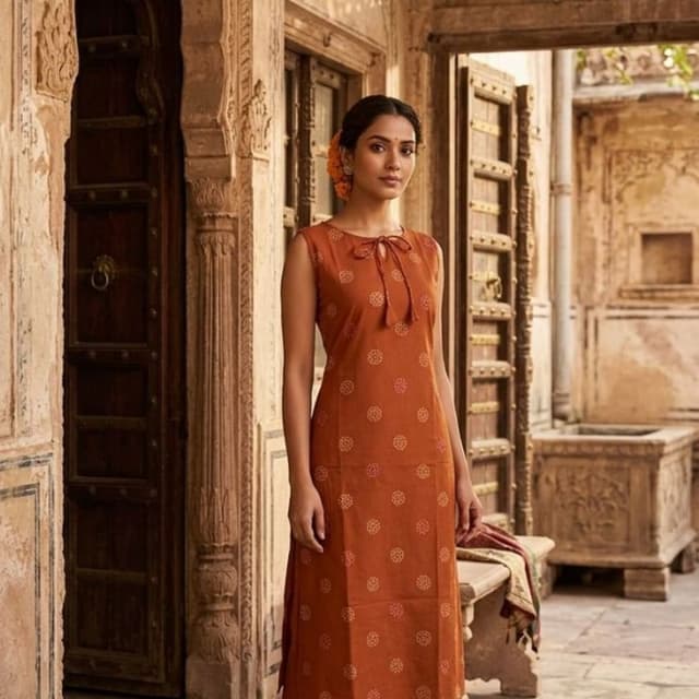 Rust Orange with a lighter circular motif Kurta Set