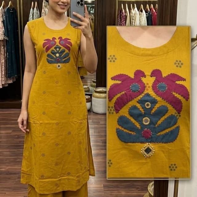 Mustard Yellow with contrasting Pink, Teal, and golden accents Kurta and Palazzo set