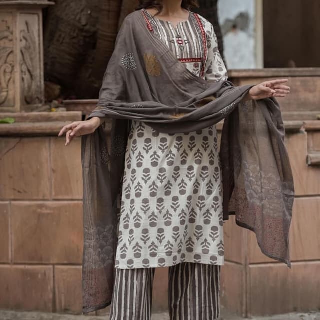 Off-white, brown, grey Kurta set with dupatta