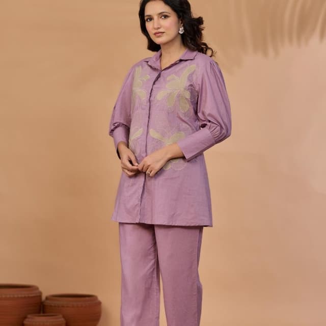 Lavender with subtle beige embroidery Co-ord Set (Tunic Top and Pants)