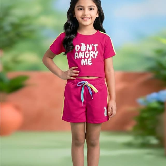 Rani Pink with Yellow and Light Blue accents Crop Top and Shorts Set