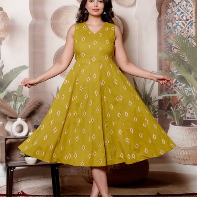 Mustard Yellow with White Geometric Print Dress