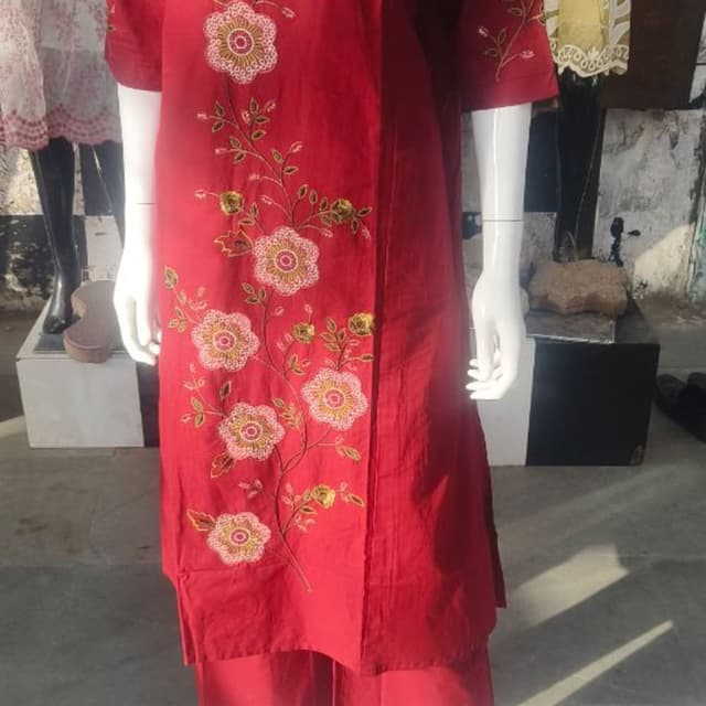 Red with floral embroidery in pink, yellow, and white Kurta and Palazzo set