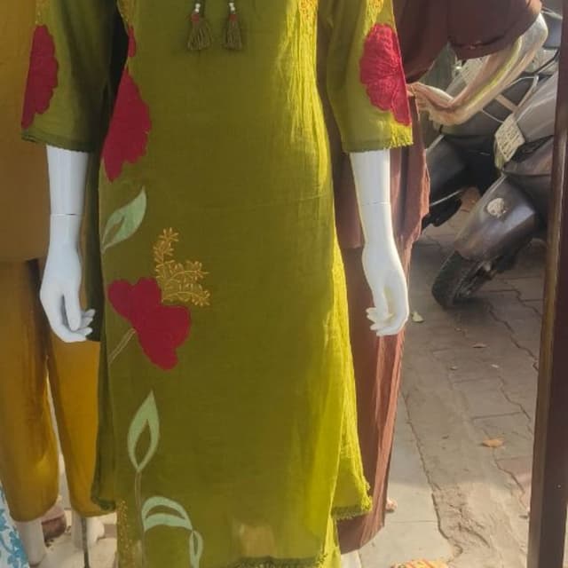 Olive Green, Red, Beige Kurta and Pants Set