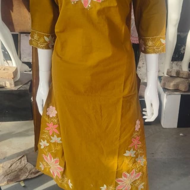 Mustard Yellow with Pink and White floral embroidery Kurta Set