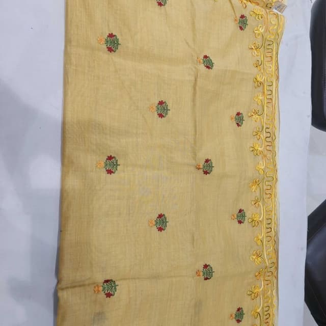 Pale Yellow with Red and Green floral embroidery and Yellow border Saree