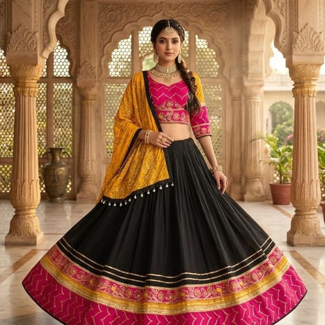 Black, Hot Pink, Yellow, Gold Lehenga Choli