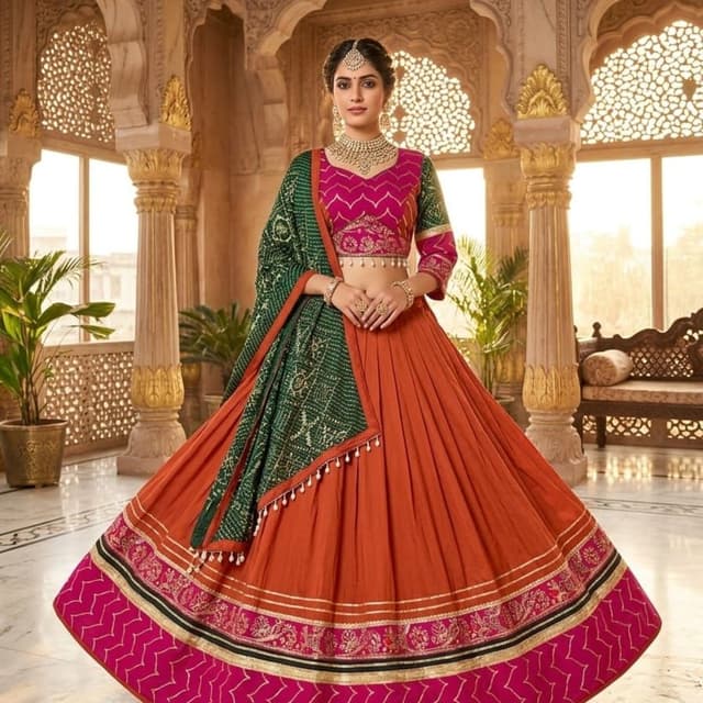Orange, Pink, Green, Gold Lehenga Choli