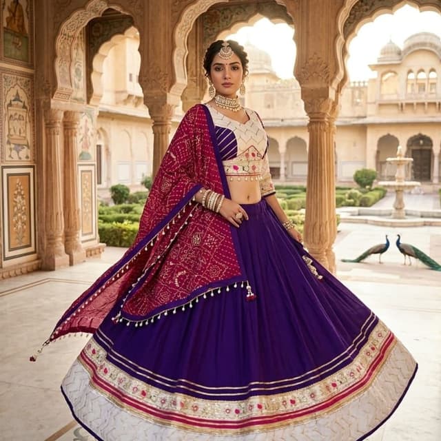 Purple, Maroon, White, Gold Lehenga Choli